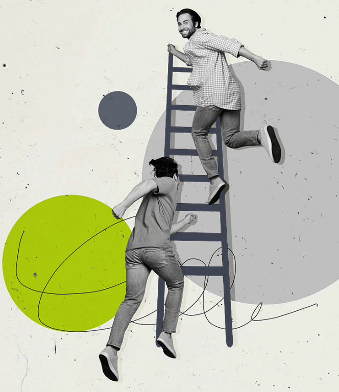 Two men climbing a ladder, symbolising growth and innovation in business.